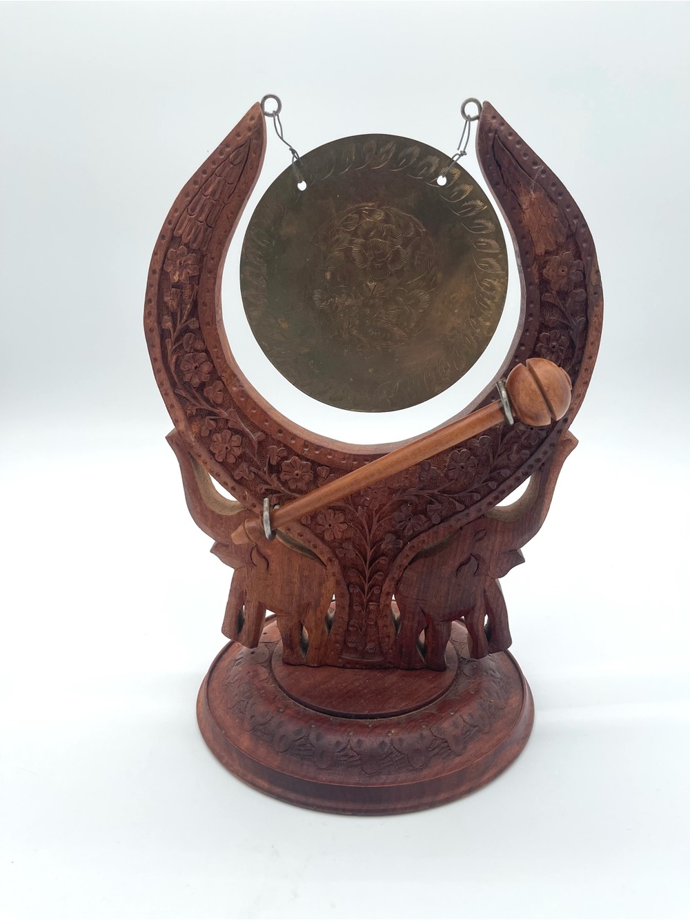 Carved Wooden Gong - Tree & Elephants Half Moon Made In India Vintage